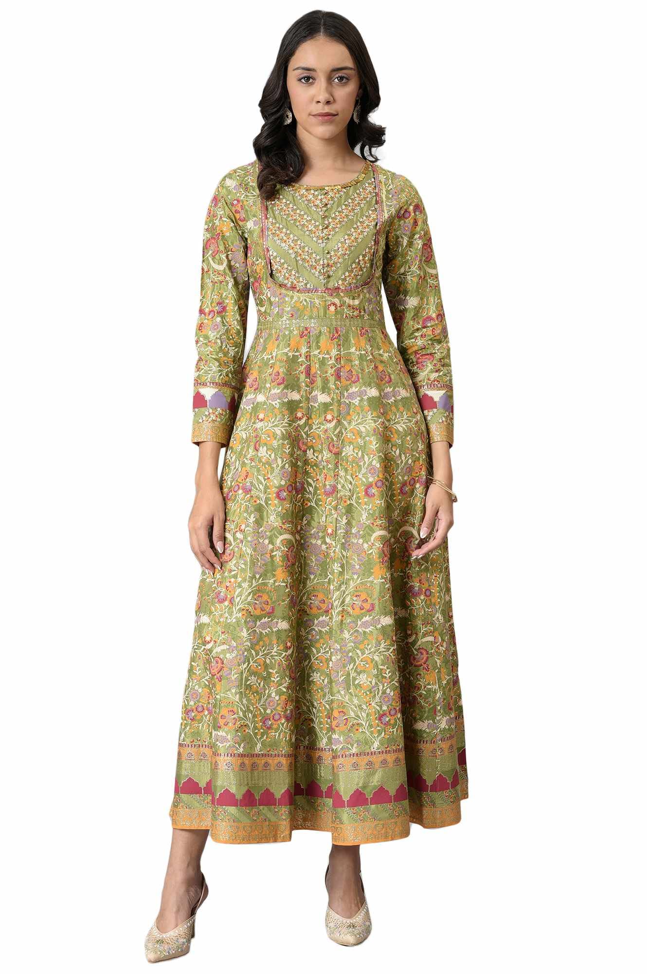 W Green Floral Printed Glitter Anarkali Kurta for Women