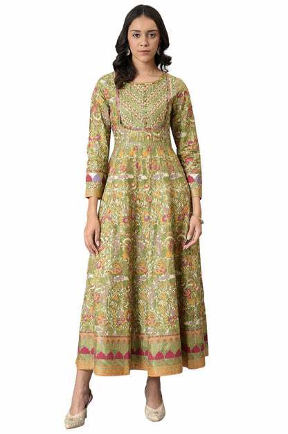 W Green Floral Printed Glitter Anarkali Kurta for Women