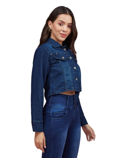 Miss Chase Womens Solid Polo Neck Full Sleeves Buttoned Denim Cropped Jacket (MCAW24DEN94-33-71-05, Navy Blue, L)