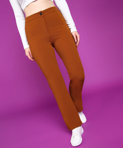 POPWINGS Women Casual Rust Self Designed Solid Formal Trousers Trousers | Stylish Trousers | Regular Wear Trousers
