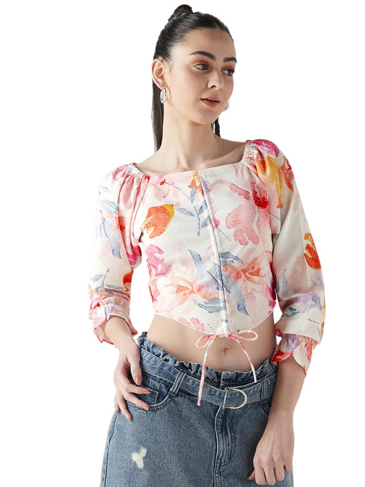 Bewakoof Womens All Over Print Slim Fit Full Sleeve Square Neck Poly Blend Top_635473_Multicolor_L
