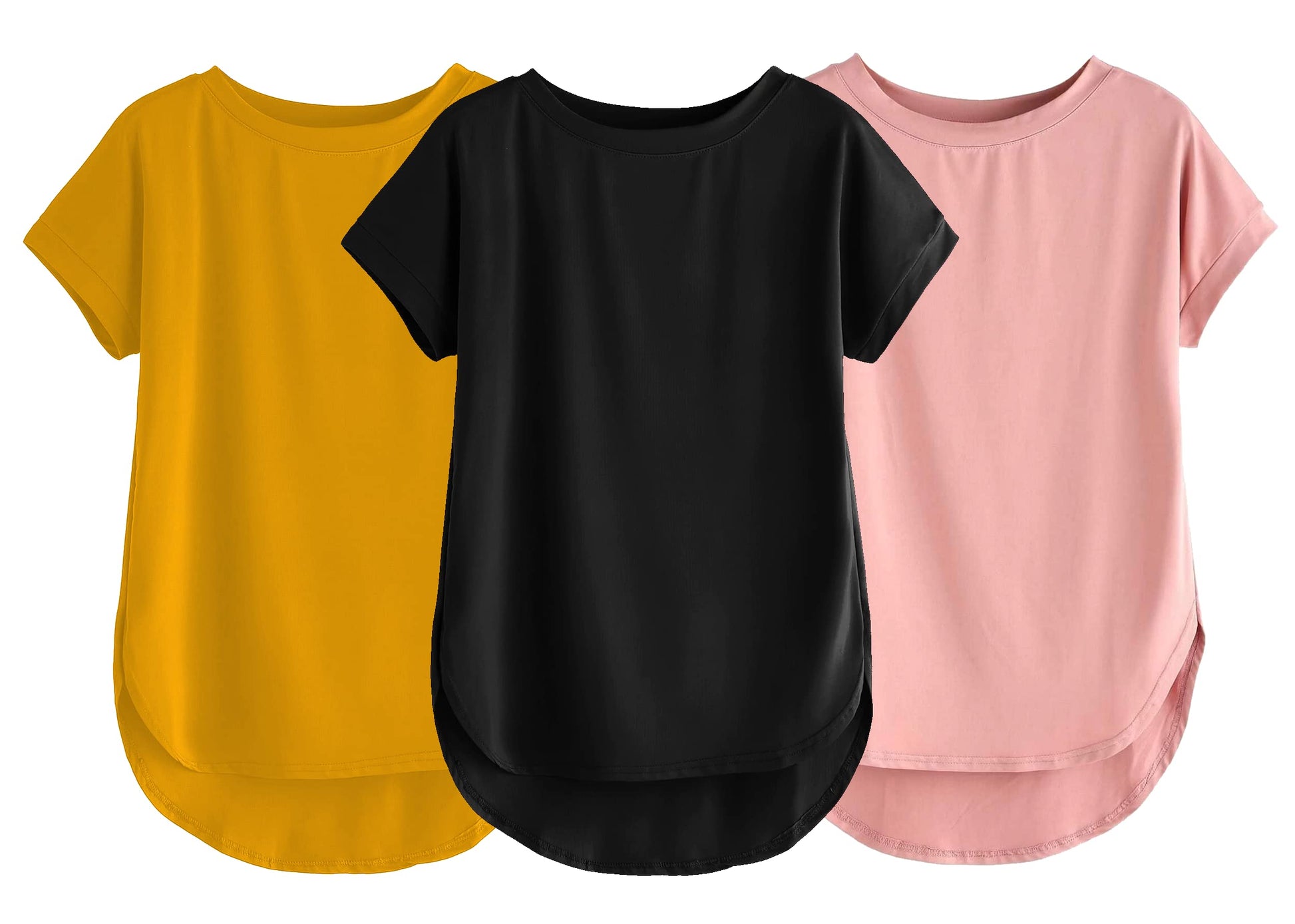 Fabricorn Combo Of Three Plain Black, Mustard Yellow And Dusty Rose Round Neck Up And Down Cotton Tshirt For Women (Black, Musta