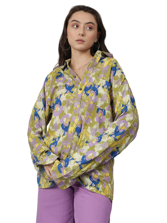 Kotty WomenS Oversized Multicolor Cotton Blend Printed Shirt(Multicolor_L)