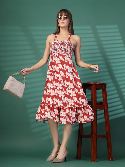 Oomph! WomenS Western & Fusion Wear Printed Crepe Dress For Women, Smocked Bodice, Red - Md1049