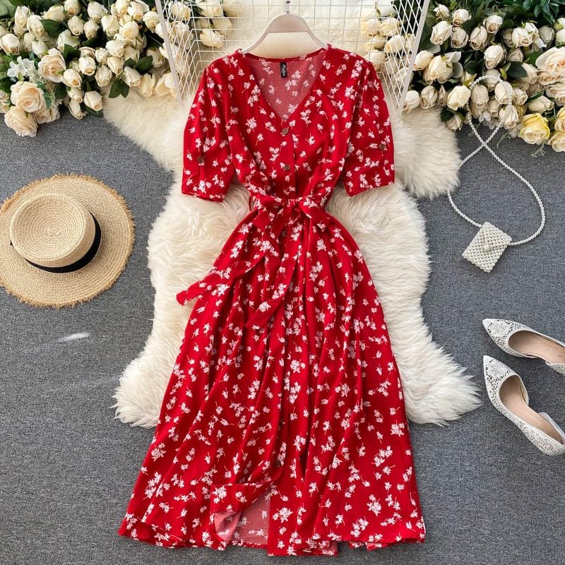 Gufrina Dresses For Women Half Sleeve || Floral Print || V-Neck And Puff Sleeves || Front Open Button & Tie-Up || Midi Dress (In