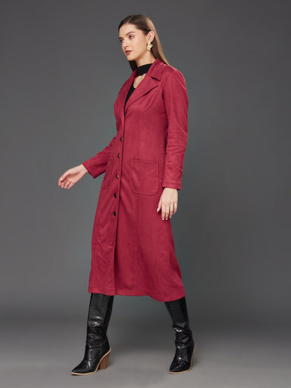 Miss Chase WomenS Solid V-Neck Full Sleeves Patched Pocketed Polyester Button Down Longline Winter Wear Jacket (Mcaw22Jkt03-47-