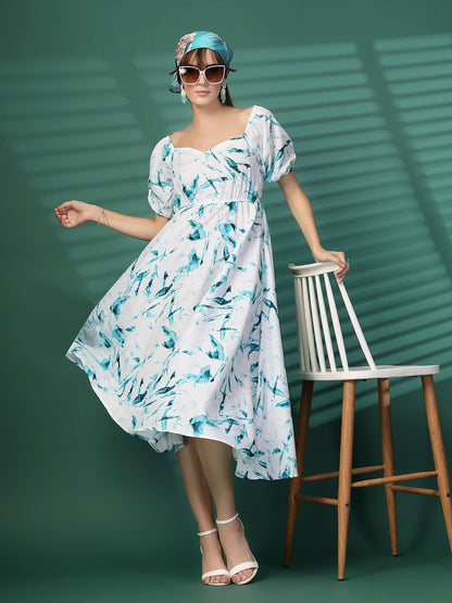 Oomph! Flared Dress For Women Stylish | Long One Piece For Women | Puff Sleeve Long Dress | Floral Print Maxi One Piece | Wester