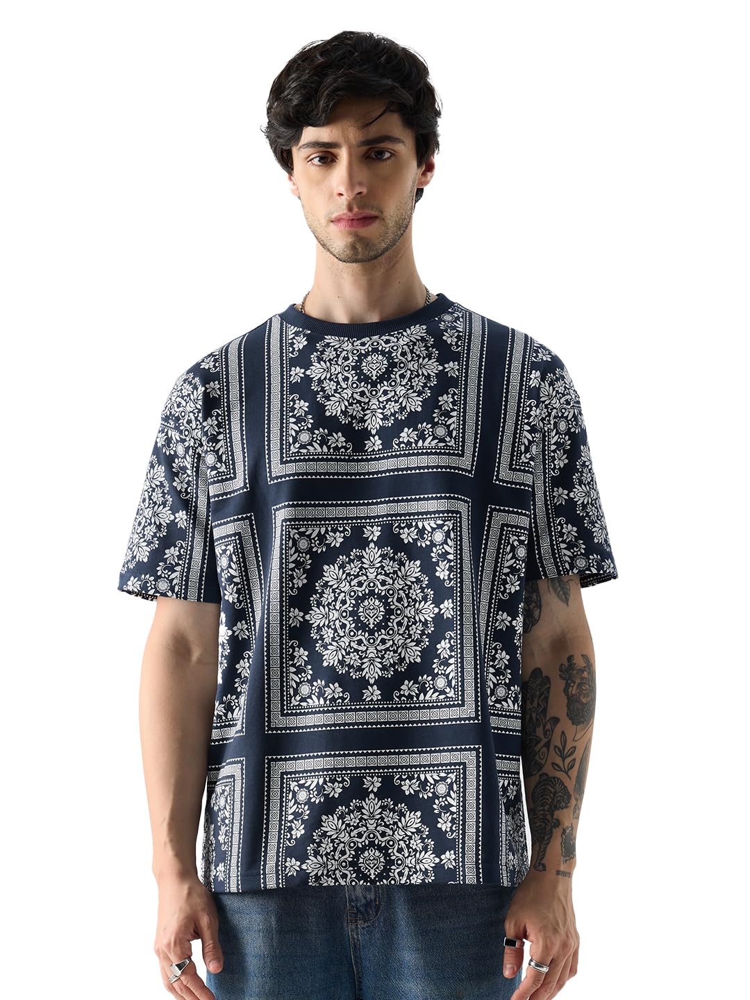 The Souled Store Fusion Bandana Men and Boys Short Sleeve Round Neck Blue All Over Print 100% Cotton Oversized Fit T-Shirts Over