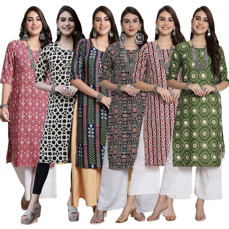 Pinkmint WomenS Crepe Kurti Round Neck Straight Kurti For Women Comfortable Kurti Regular Wear Kurti For WomenS (Pack Of 6)
