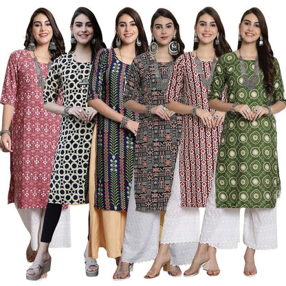 Pinkmint WomenS Crepe Kurti Round Neck Straight Kurti For Women Comfortable Kurti Regular Wear Kurti For WomenS (Pack Of 6)
