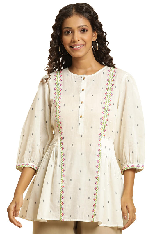 W Off White Embroidered Cotton Tunic Top for Women
