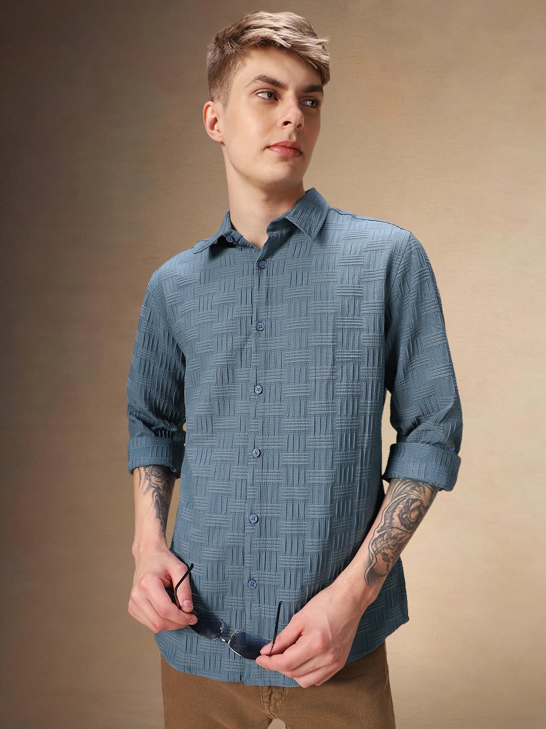Dennis Lingo Regular Fit Full Sleeves Spread Collar Textured Men Shirt Blue