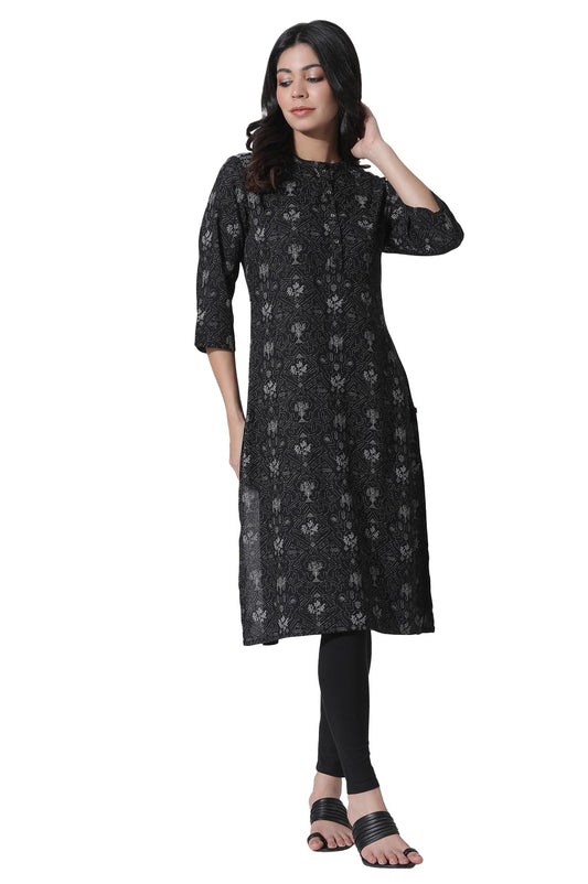 W for Woman Black Floral Printed Mandarin Collar Kurta and Tights Set