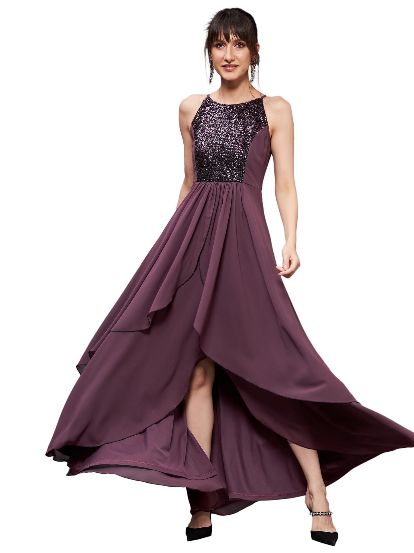 Miss Chase WomenS Halter Neck Sleeveless Embellished Layered Maxi Dress (Mcss22D13-69-271-06, Mauve, Xl)