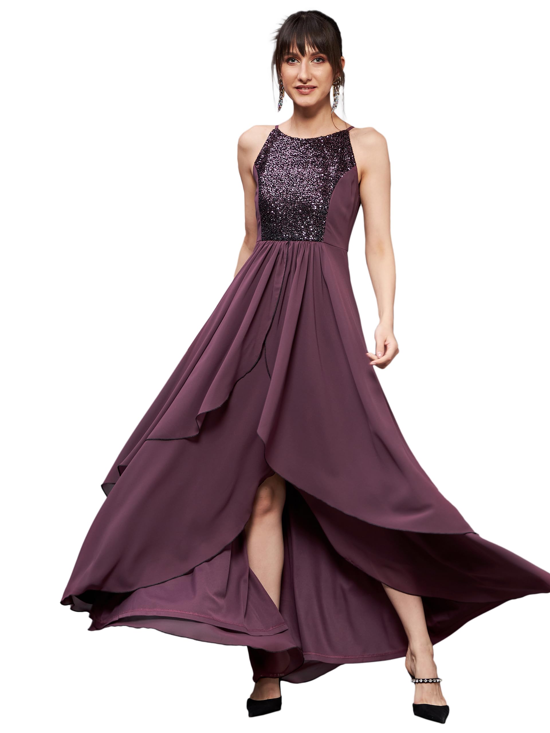 Miss Chase WomenS Halter Neck Sleeveless Embellished Layered Maxi Dress (Mcss22D13-69-271-06, Mauve, Xl)