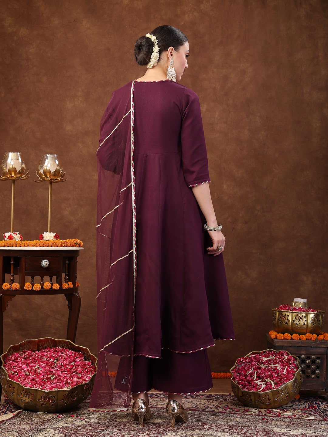 Stylum Womens Wine Solid Italian Crush Anarkali Kurta Pant Dupatta Set