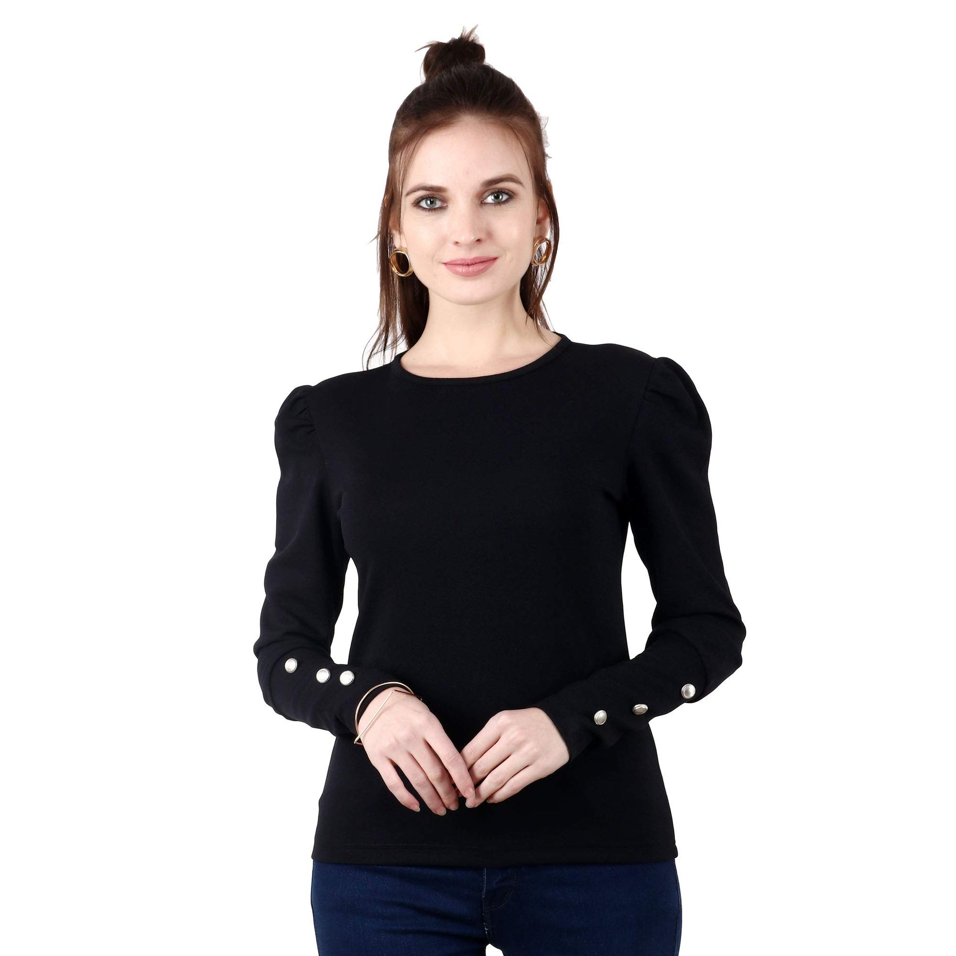 POPWINGS Casual Solid Puff Button Long Sleeves Slim Fit Tops for Women || Summer Round Neck and Stylish Western Black Top for Wo