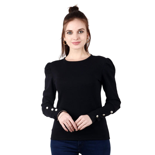 POPWINGS Casual Solid Puff Button Long Sleeves Slim Fit Tops for Women || Summer Round Neck and Stylish Western Black Top for Wo