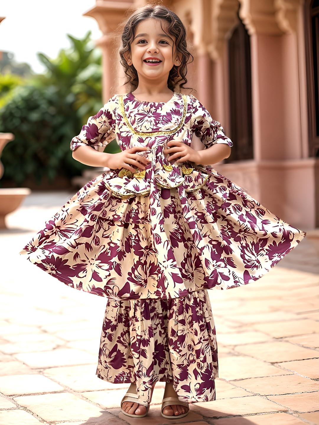 A.T.U.N. (All Things Uber Nice) A.T.U.N. Girls Ethnic Wear Sharara | Floral Cream And Wine Printed Kurta With Sharara Set For Gi