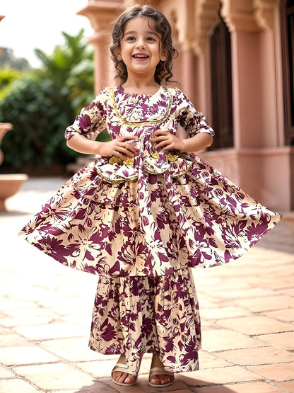 A.T.U.N. (All Things Uber Nice) A.T.U.N. Girls Ethnic Wear Sharara | Floral Cream And Wine Printed Kurta With Sharara Set For Gi