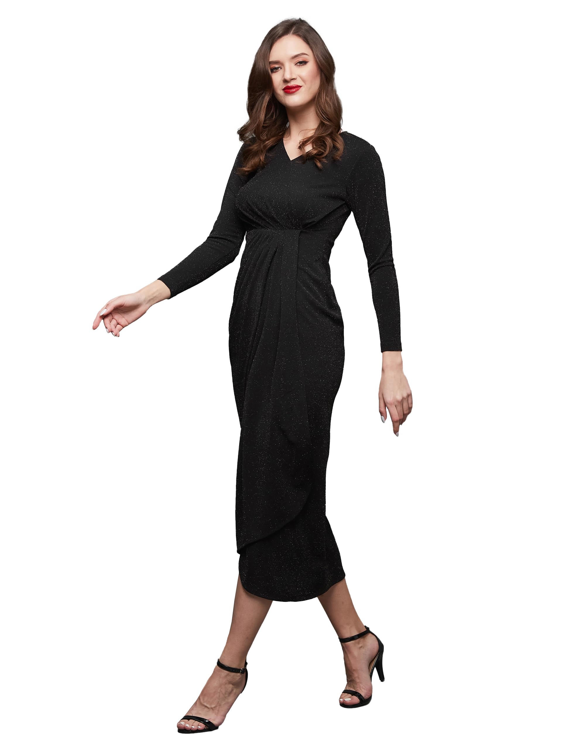 Miss Chase Womens V-Neck Full Sleeve Self Design Wrap Midi Dress (MCSS25D93-20-348-06, Pitch Black, XL)
