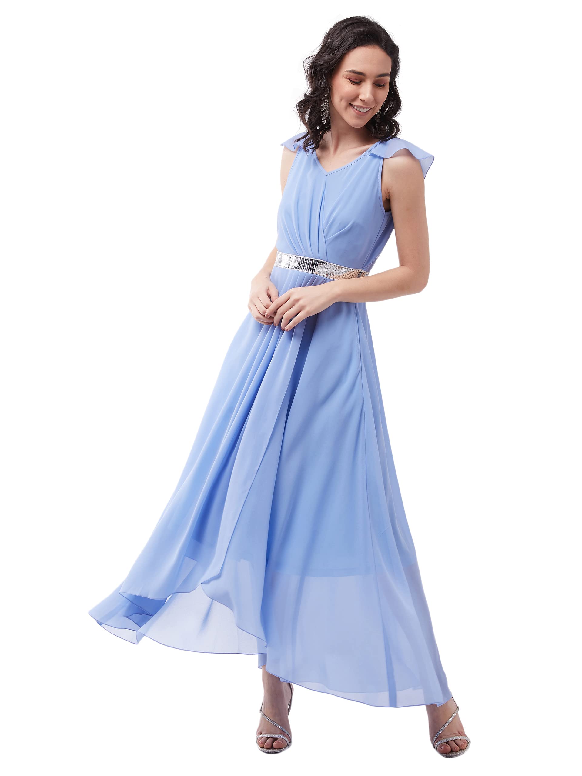 Miss Chase WomenS Powder Blue V-Neck Ruffled Sleeve Solid Embellished Maxi Dress (Mcaw21D06-17-167-06,Powder Blue,Xl)