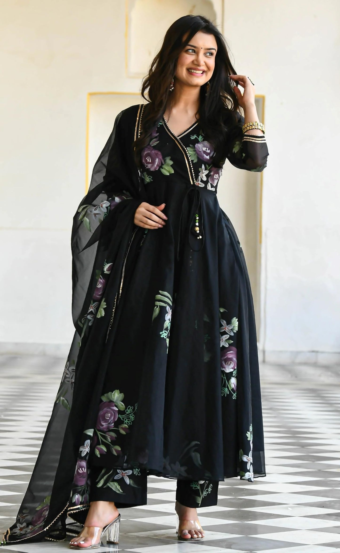 Sugathari Ladies Anarkali Kurta Set, Georgette Floral Print, Black, Large, Model 113