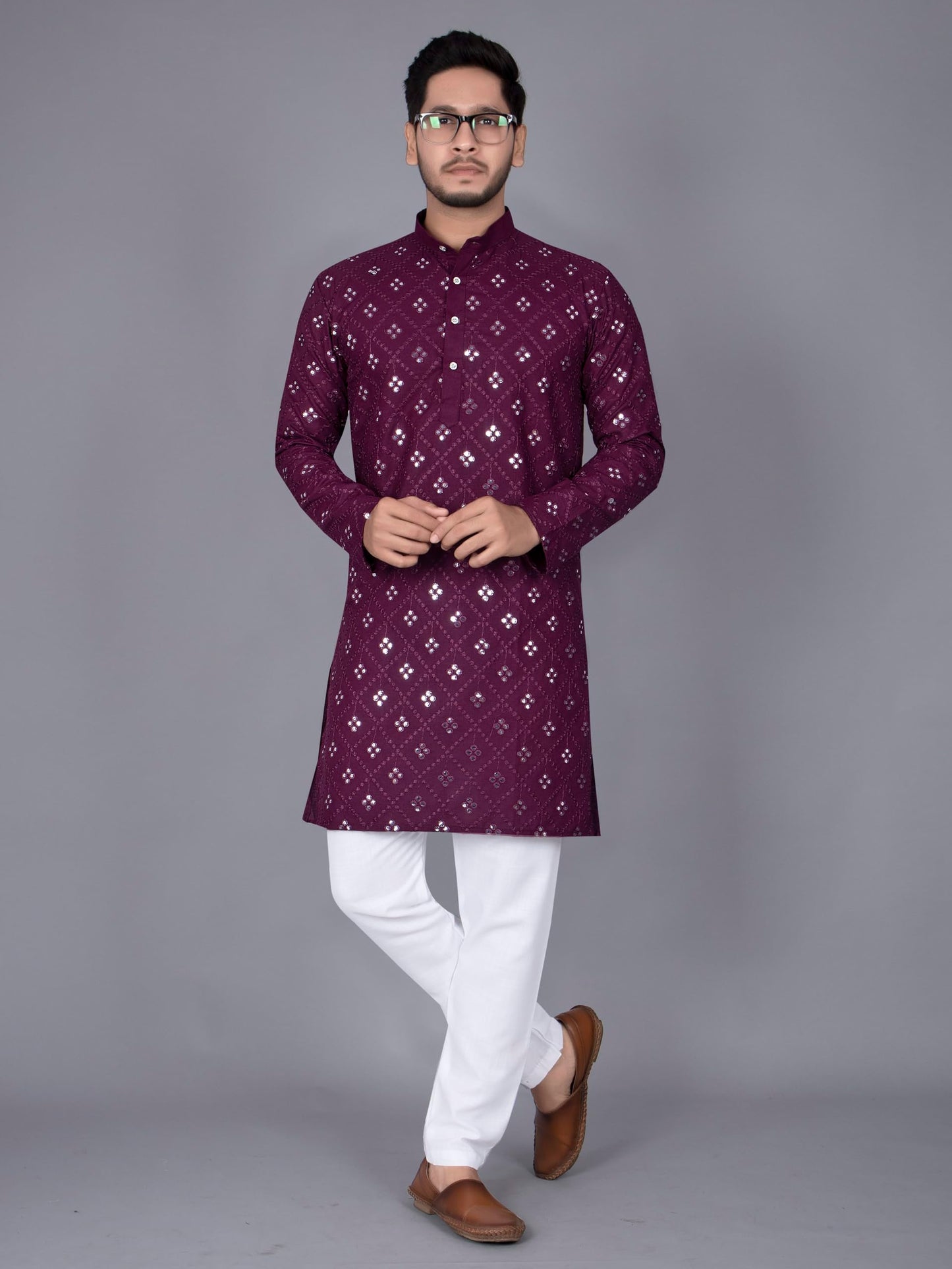 Xepon MenS Cotton Traditional Chikankari Mirror Work Embroidered Casual Knee Length Long Sleeve Mandarin Neck Straight Kurta Fo