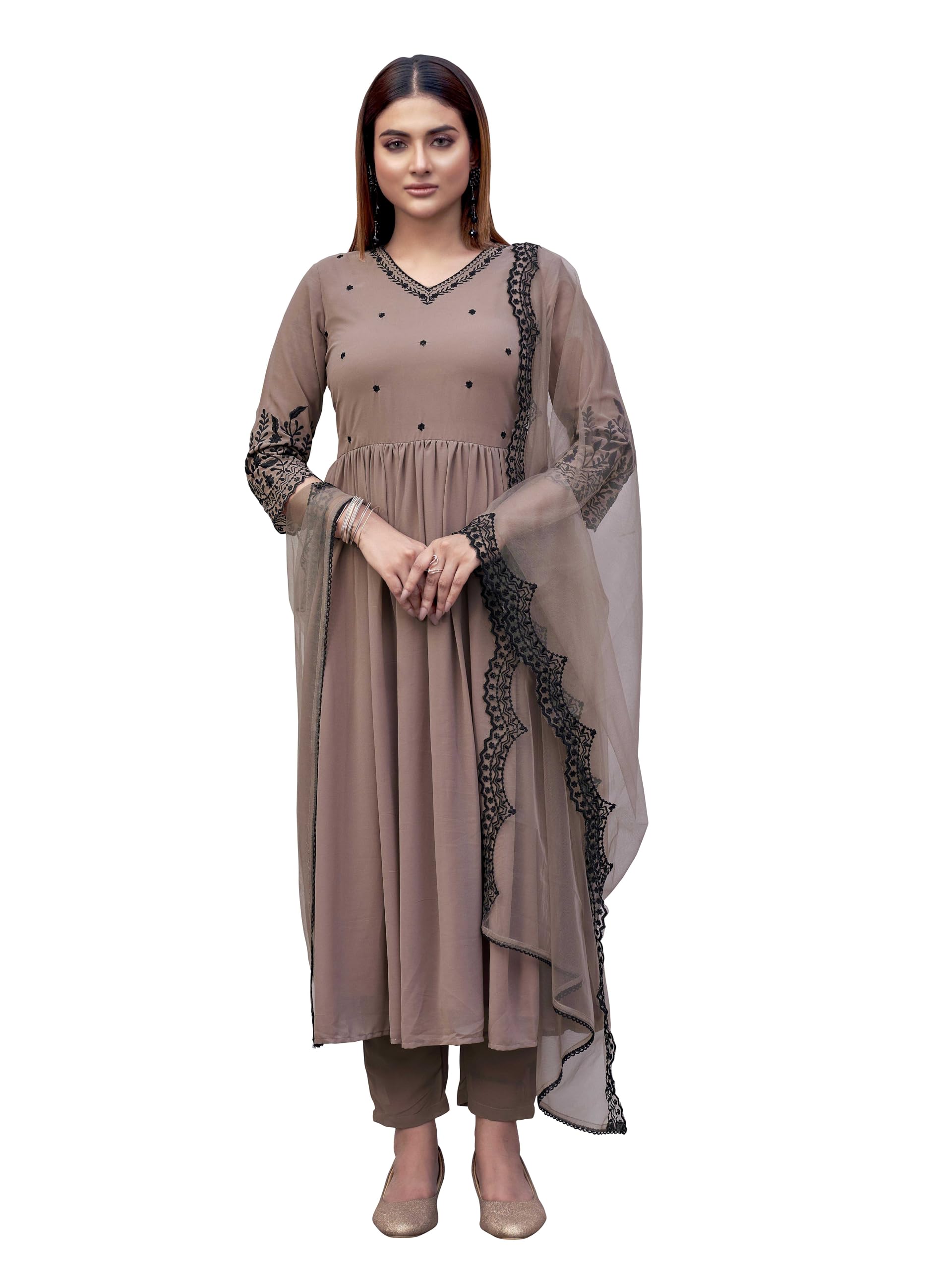 Womanista WomenS Georgette Flared Solid Kurta Set (Kurtaset_1382_Nude