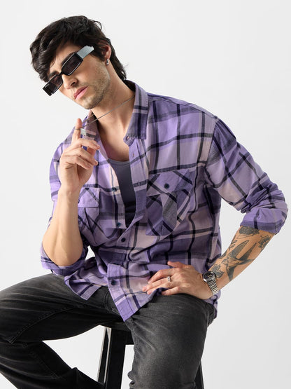 The Souled Store Plaid: Purple and Black Men and Boys Long Sleeves Collared Neck Button Front Purple Regular Fit Officewear Easy