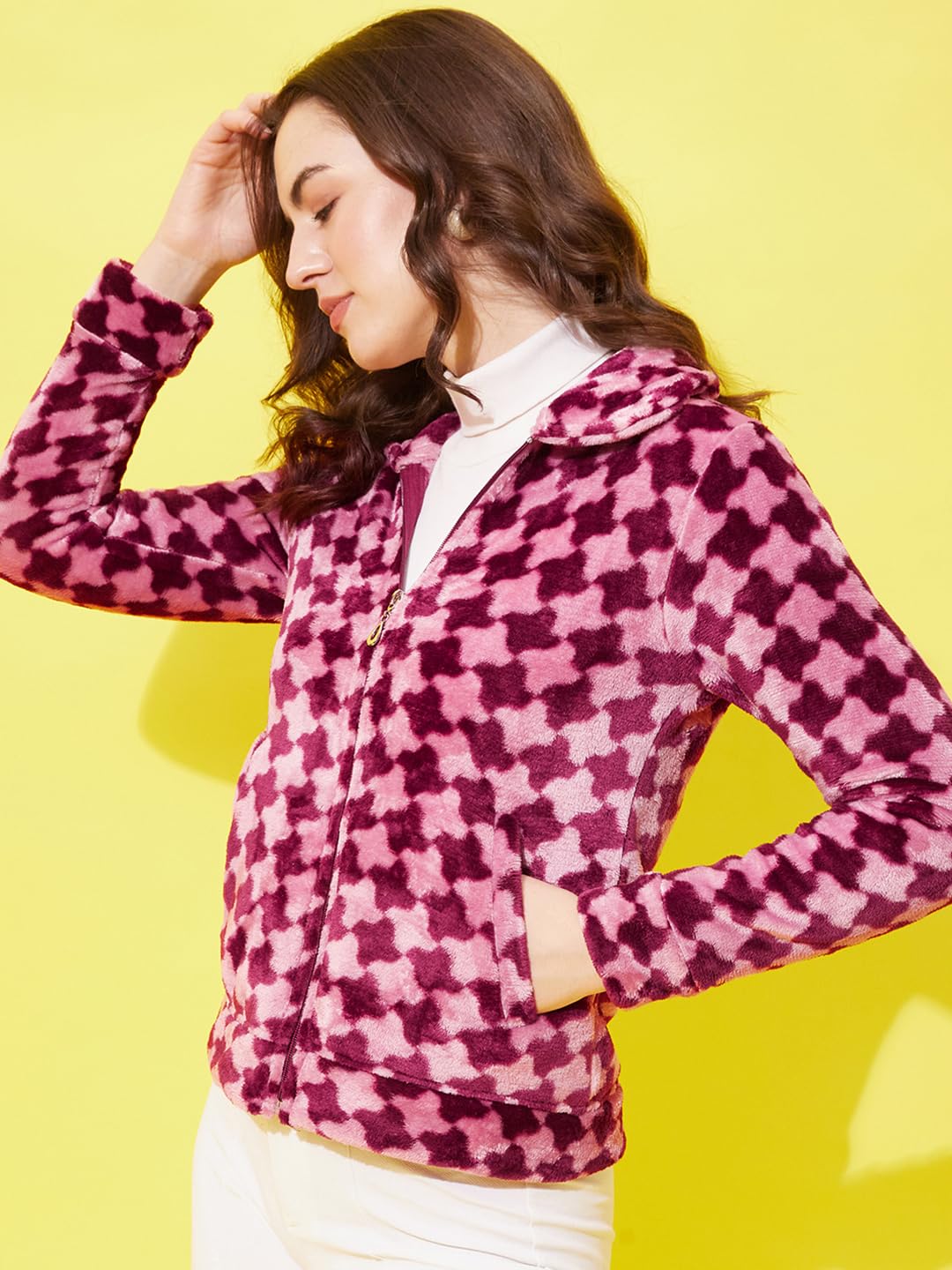 Modeve Full Sleeve Self Design Women Jacket-Wine
