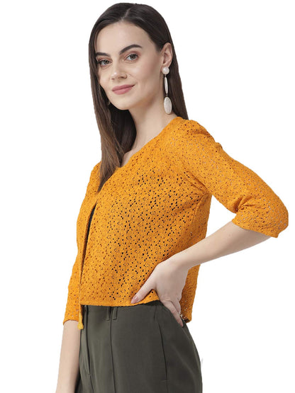Style Quotient Women Mustard Self Design Floral lace Regular Open Front Shrug