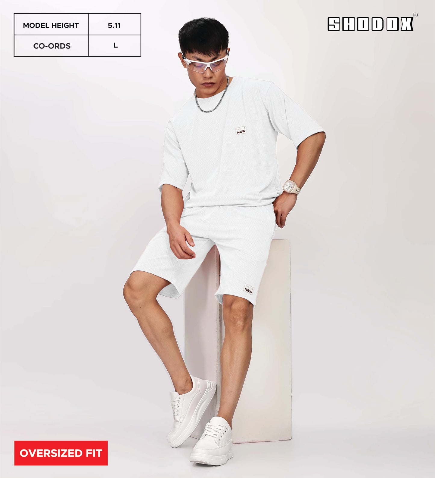 SHODOX Mens Round Neck Solid Relaxed Fit Tshirt and Short Co-ords Set for Mens (Pack of 1) White