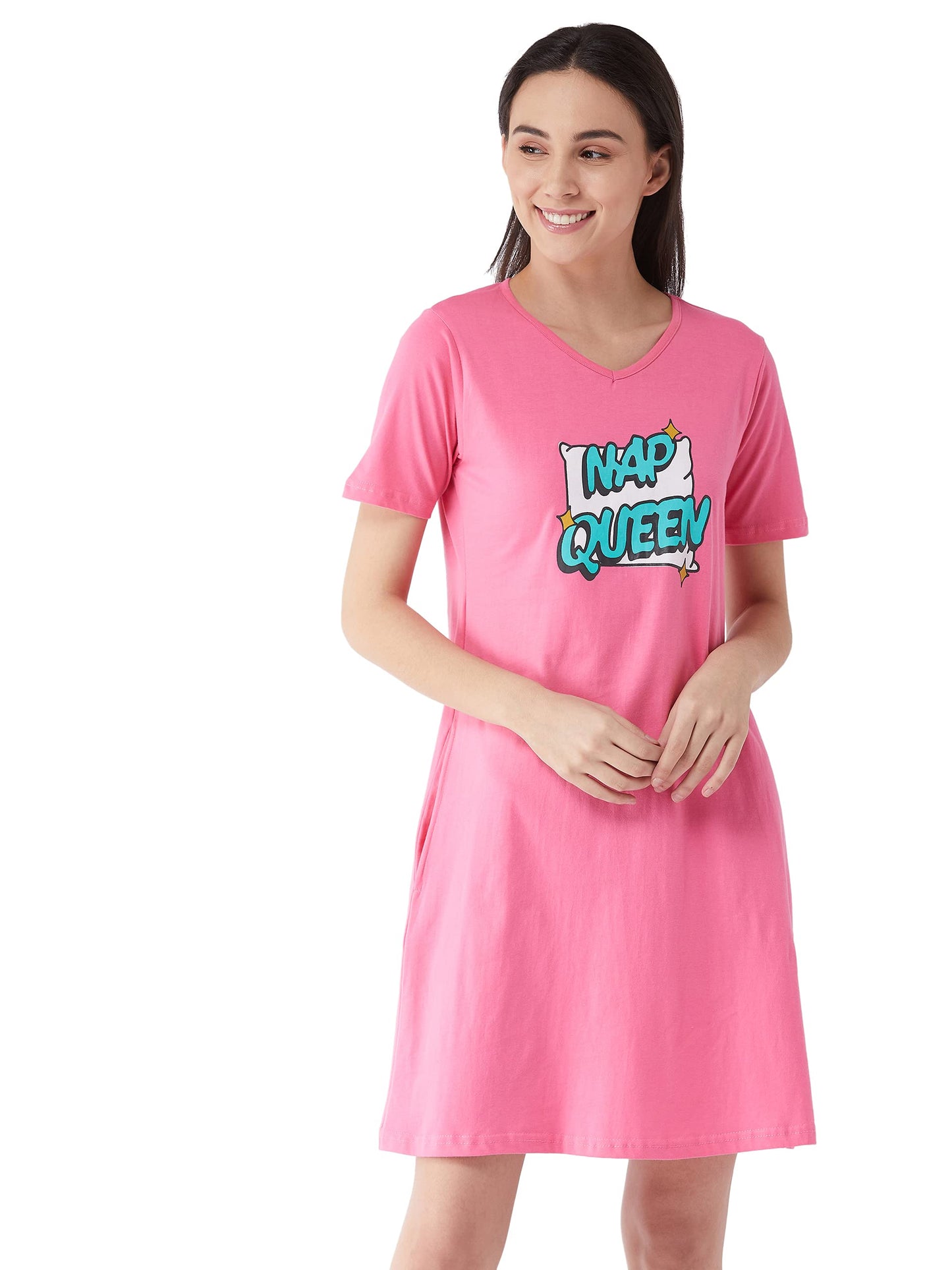 Miss Chase Womens Pink Knee Length Short Sleeves V-Neck Printed Night Dress (MCSS20NW01-04-122-02,Pink,XS)