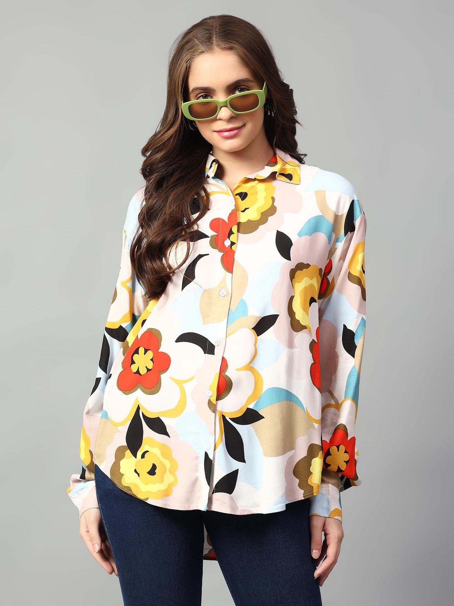 Kotty WomenS Oversized Printed Cotton Blend Stylish Looking Shirts(Multicolor,S)