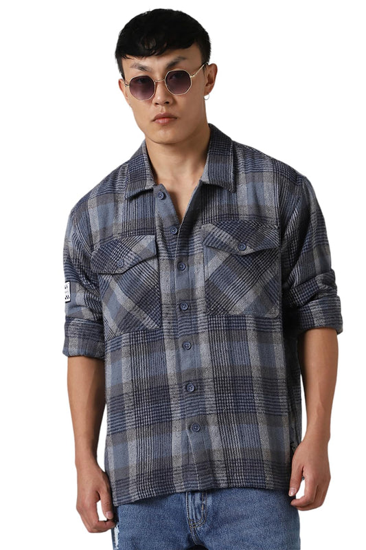 Hubberholme Men Cotton Check Oversized Fit Spread Collar Long Sleeves Shirts