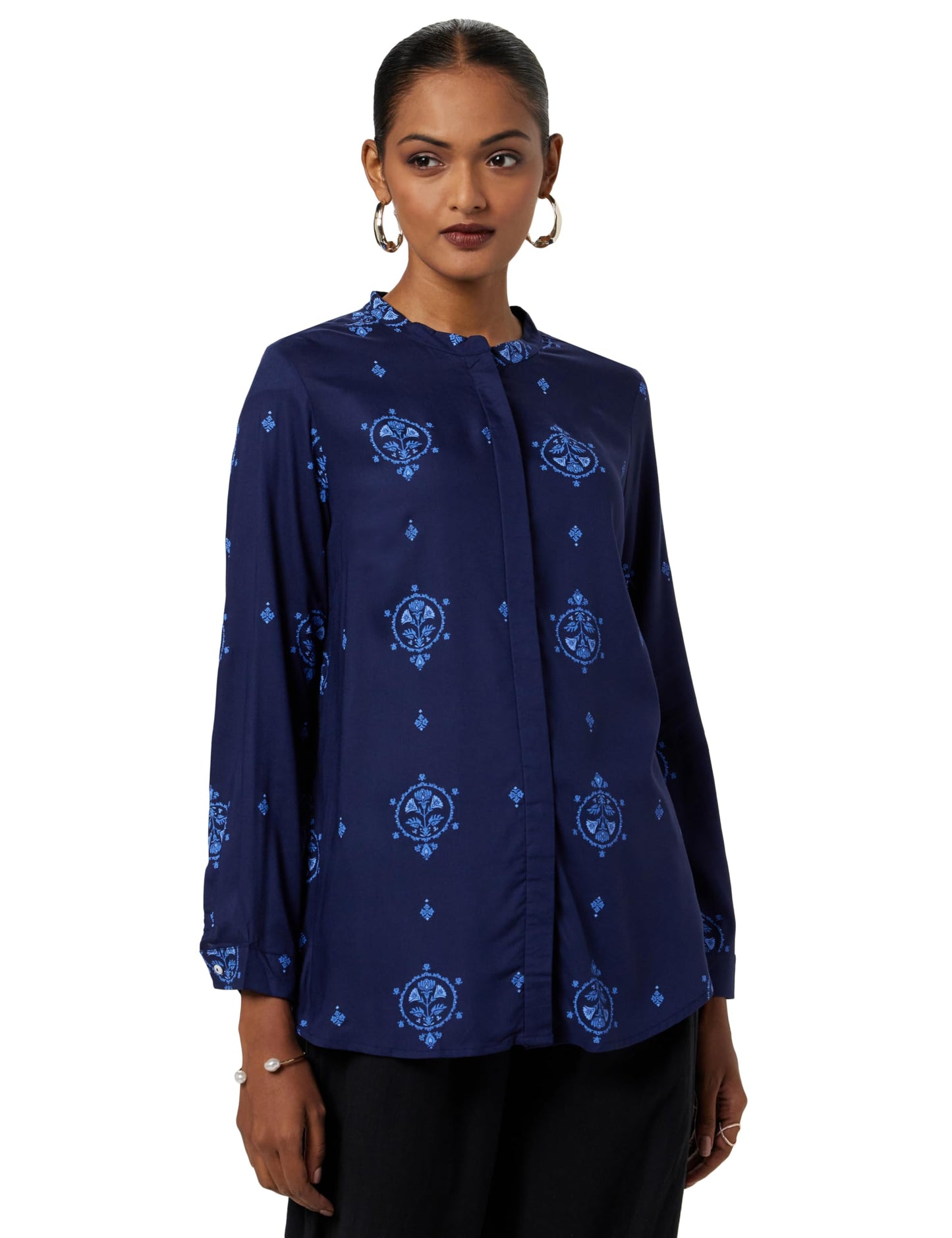 W Blue Floral Printed Shirt-Style Top for Women