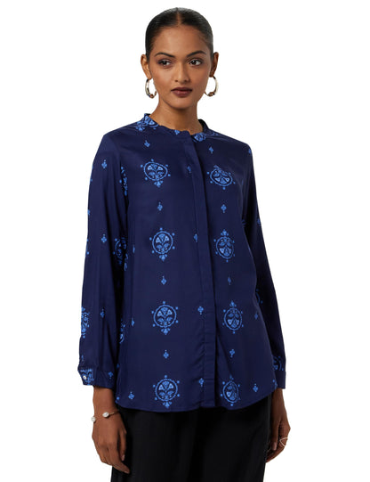 W Blue Floral Printed Shirt-Style Top for Women