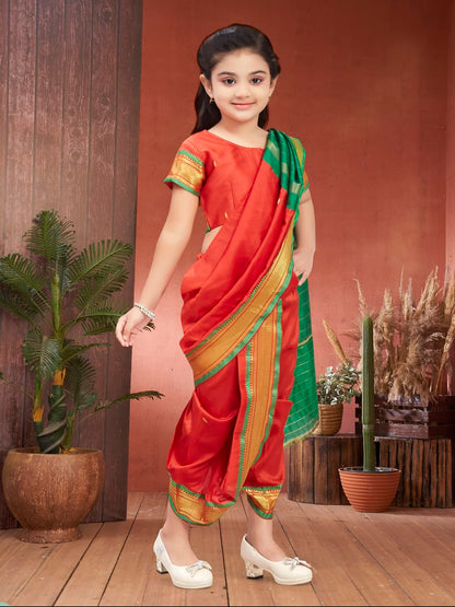 Aarika Girls Ethnic Wear Red Colour Shree Nav Silk Saree (4-9 Years)