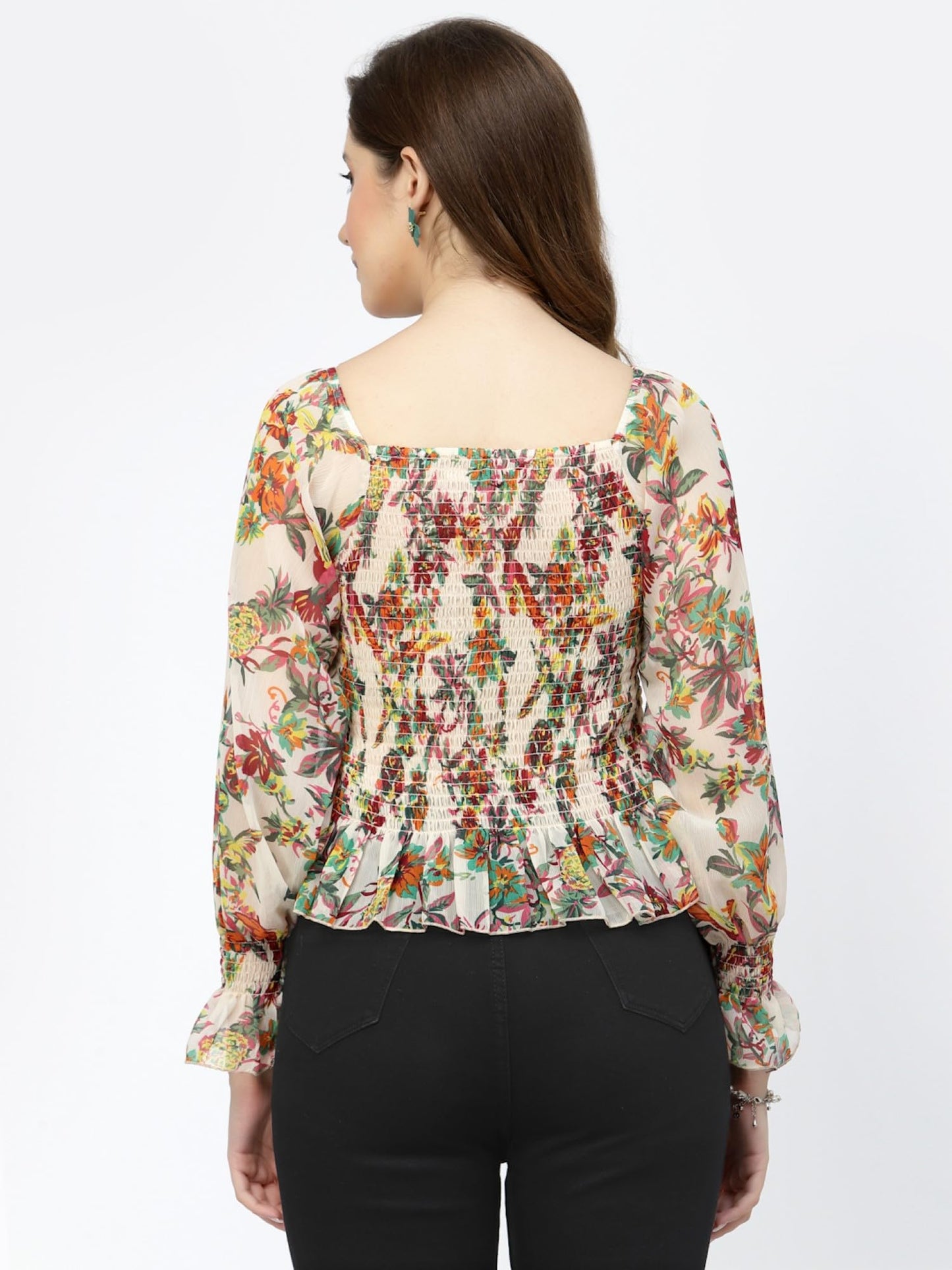 POPWINGS Casual Floral Print Chiffon Tops for Women || Full Sleeves Summer Tops for Women || Square Neck Smocking Pattern Tops f