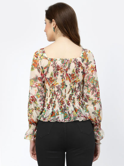 POPWINGS Casual Floral Print Chiffon Tops for Women || Full Sleeves Summer Tops for Women || Square Neck Smocking Pattern Tops f