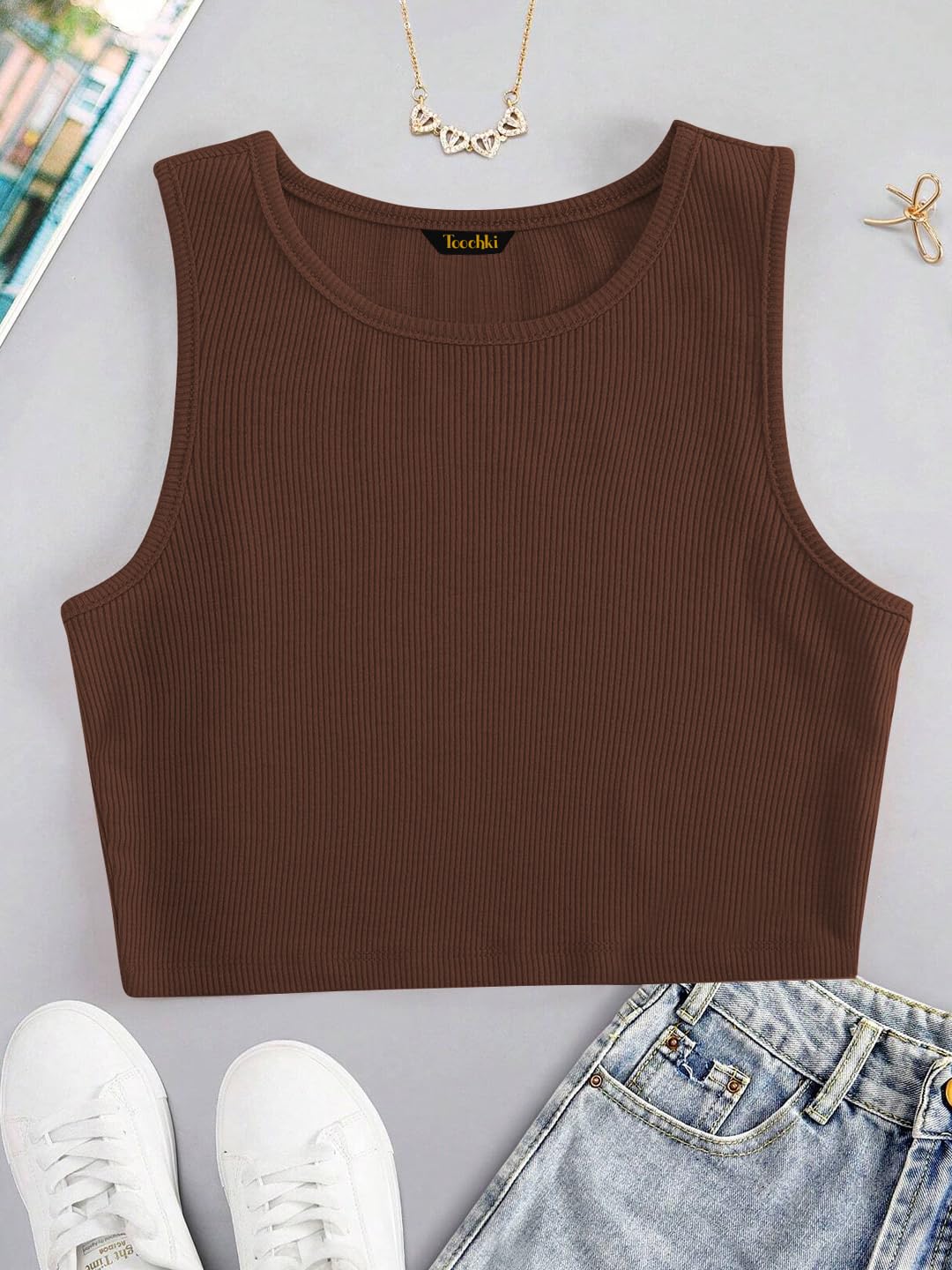 Toochki Tops for Woman | Spandex Top | Crop | Short | Western | for Jeans | Sleeveless | Stretchable | Brown
