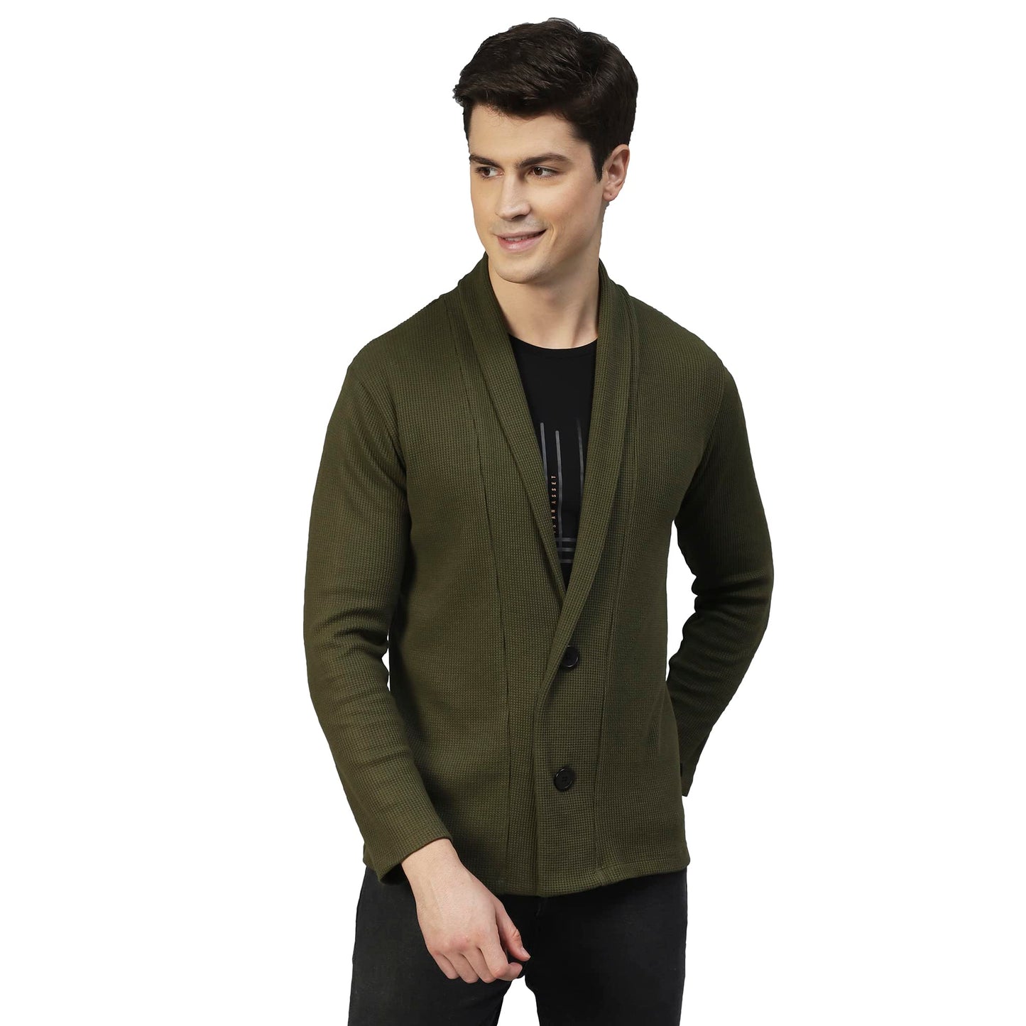 Rigo Waffle Knit Shrug for Men | Full Sleeve, Shawl Collar Cardigan for Men | Best for Casual Wear, Fashion Wear Cardigan Olive