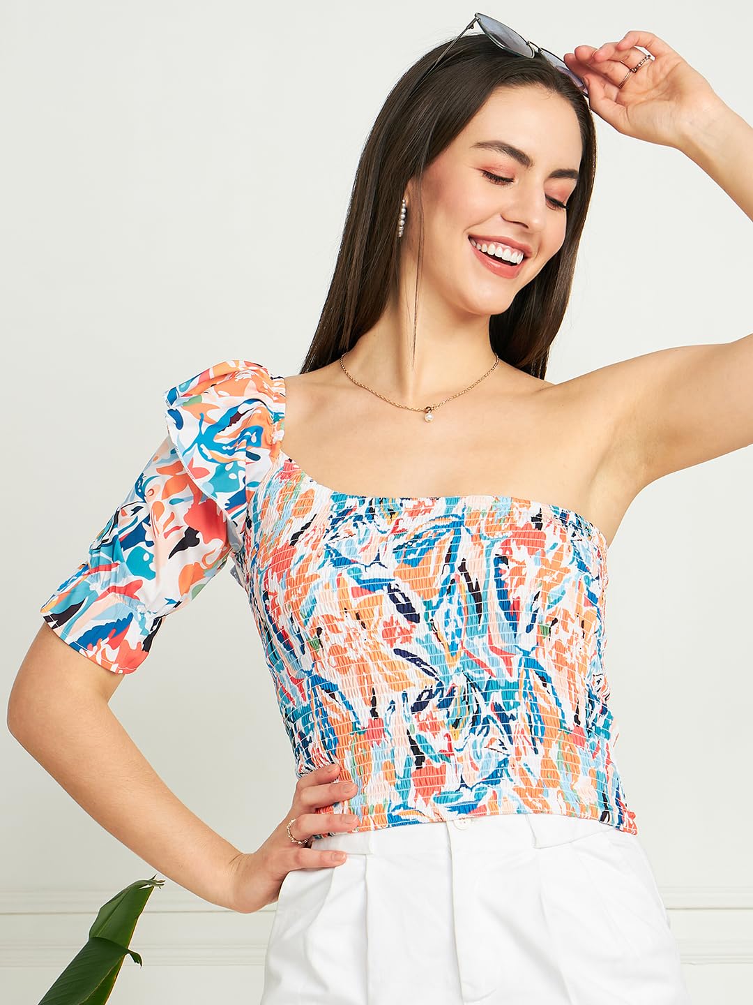 Modeve Women Smart Fit Floral One Shoulder Top