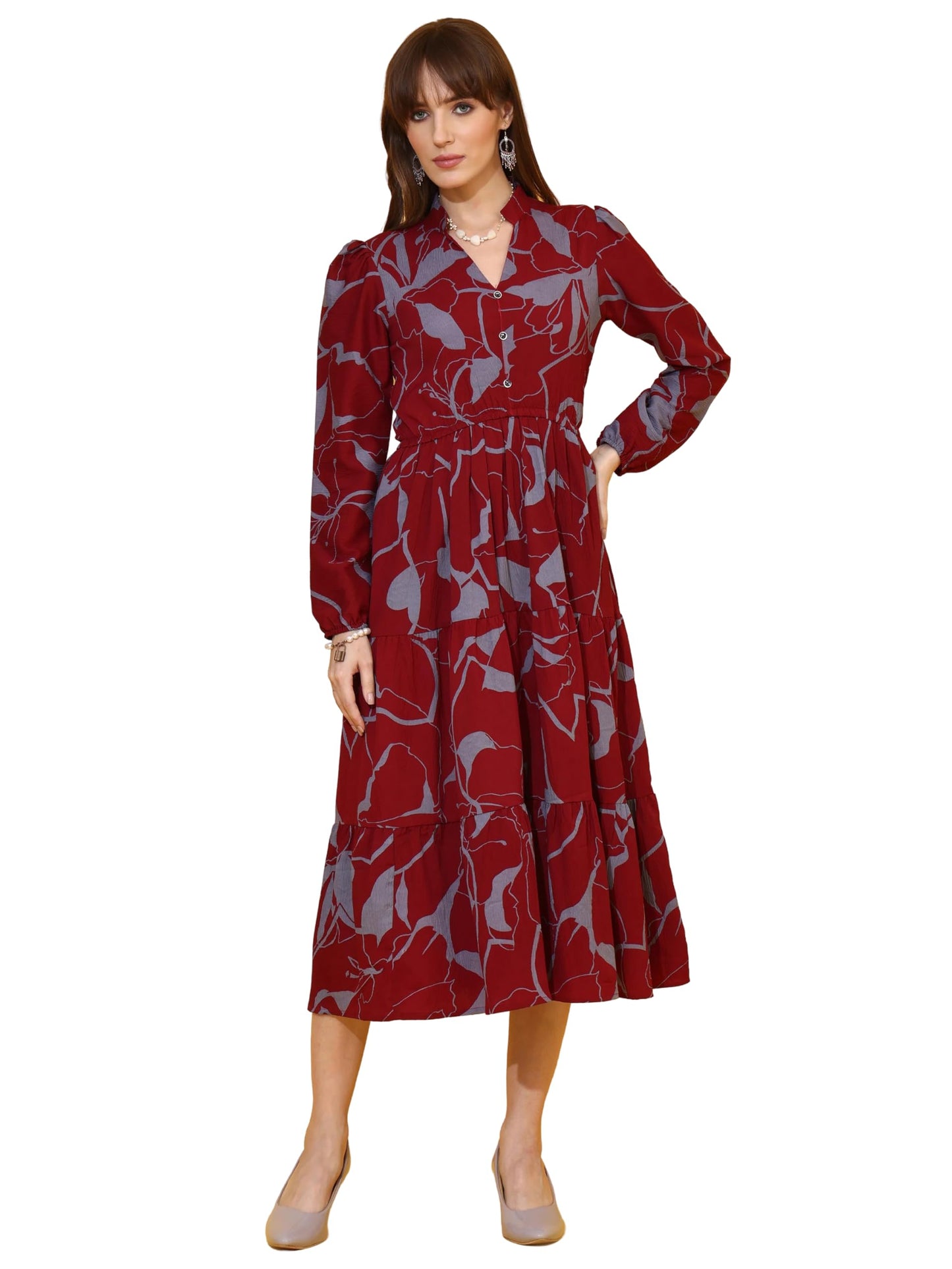 Sheetal Associates WomenS Casual Full Sleeve Crepe Fit & Flare Dress | Comfortable Relaxed Fit Summer Party Dress Maroon