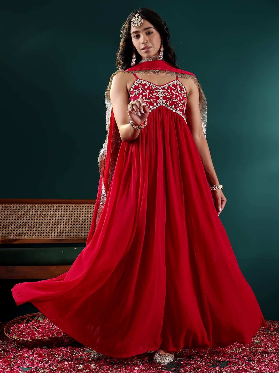 Varanga Women Fuchsia Embroidered Anarkali Kurta Set With Tonal Dupatta  Zari & Mirror Embroidery, V-Neck, Fringed Dupatta