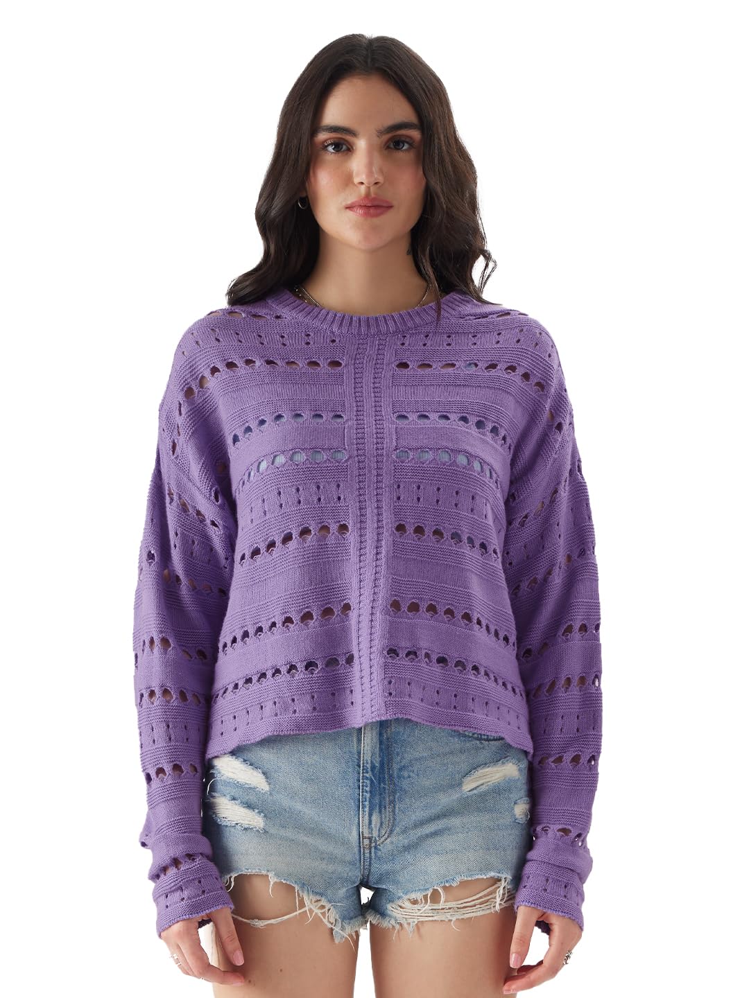 The Souled Store Solids: Periwinkle Women and Girls Long Sleeve Round Neck Acrylic Oversized Fit Sweaters