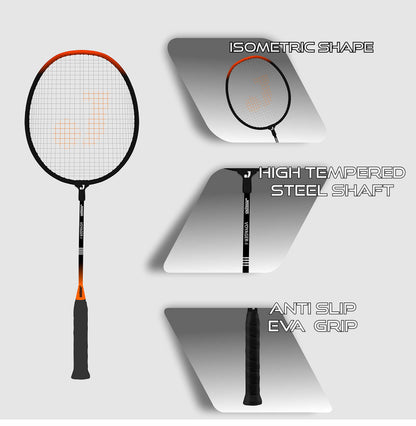 Jaspo Steel Badminton Racket Combo Set - Lightweight, 1 Pair with 5 Feather Shuttlecocks & Carrying Bag, Black, One Size
