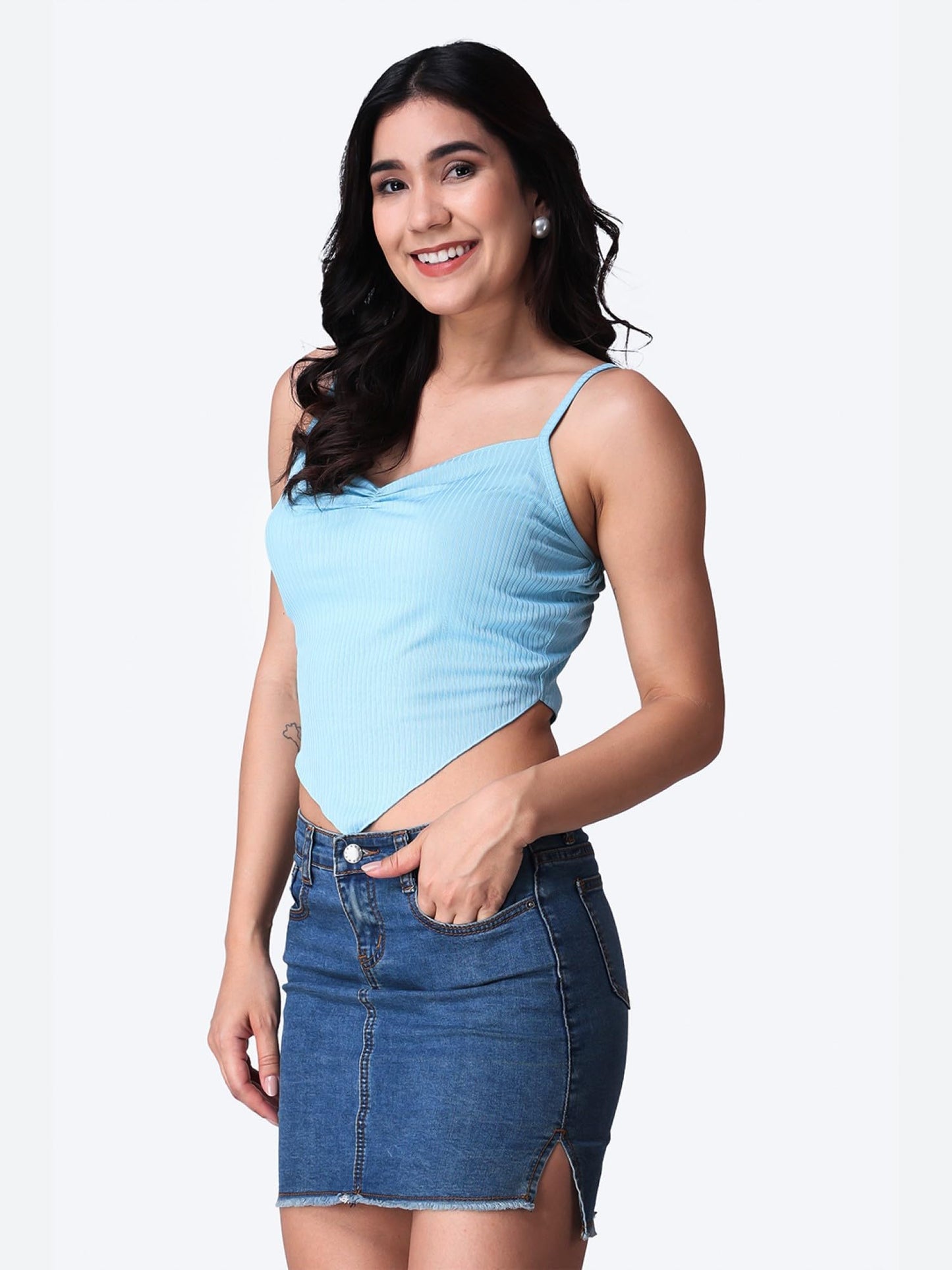 POPWINGS Casual Strap Hankie Ribbed Crop Top for Women || Round-Neck Crop Top for Women || Sleeveless Crop Top for Women || Late