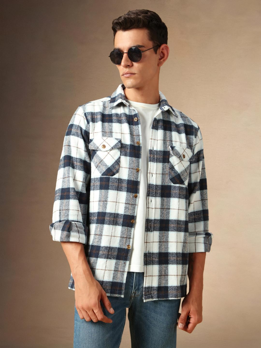 Dennis Lingo Men Flannel Check Pure Cotton Relaxed Fit Full Sleeves Shirts White